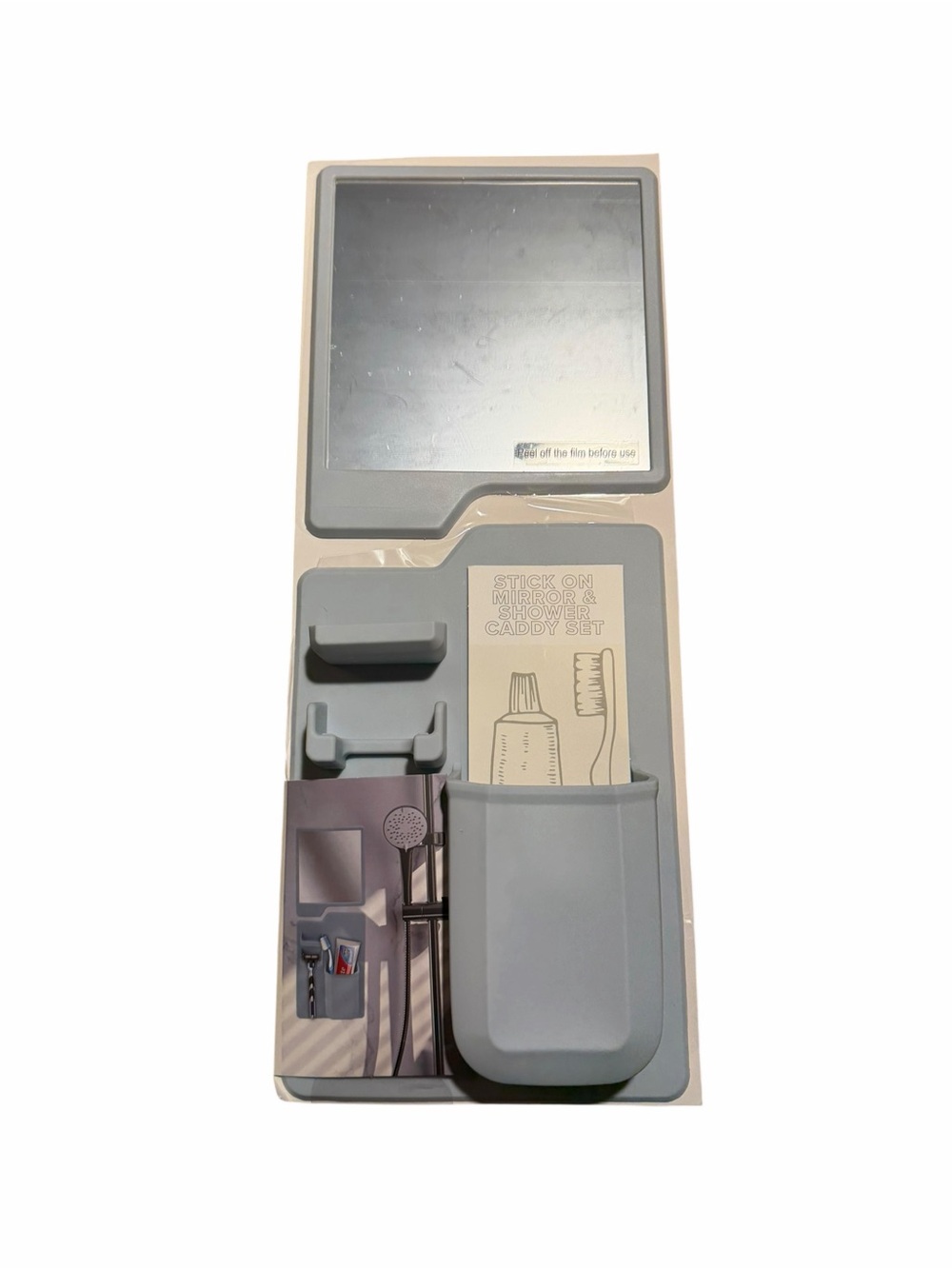 Universal Stick-On Shower Mirror & Organizer in Gray